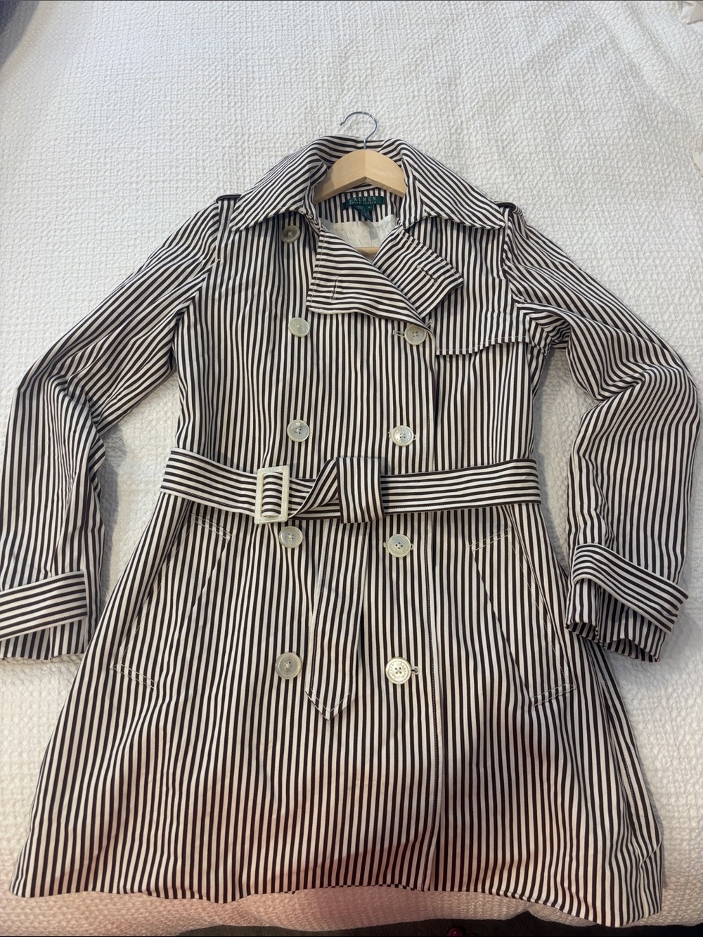 Ralph Lauren Brown & White Striped Double-Breasted Trench Coat